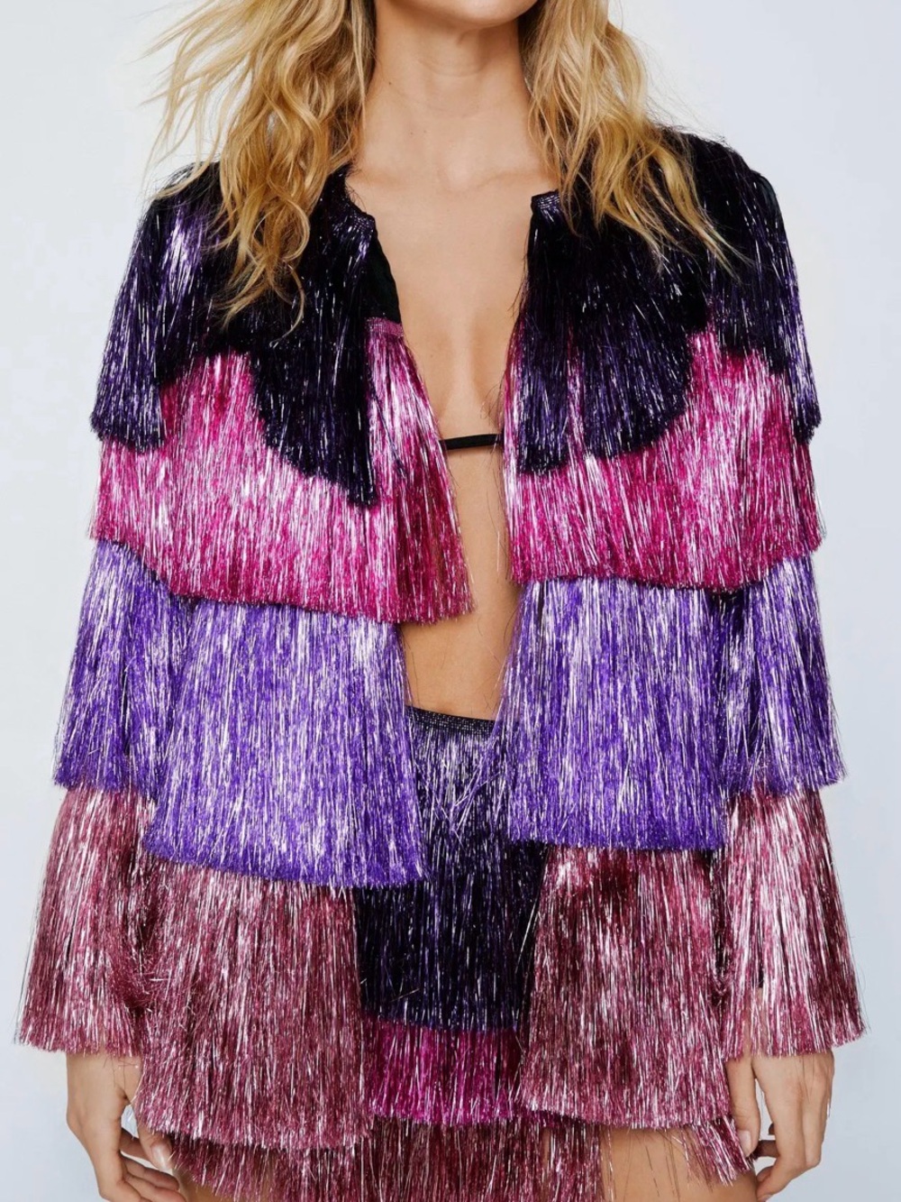 Nasty Gal - Metallic Fringe Layered Jacket in Purple and Pink